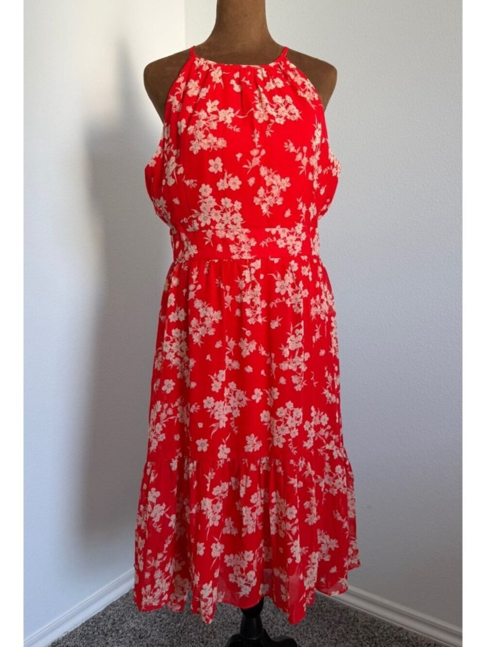 Eliza J Sleeveless High Neck Red/Cream Floral Tiered Dress Women's Size 6